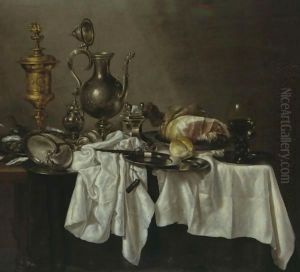 Still Life With A Silver Ewer, A Silver-Gilt Covered Cup, A Ham, A Salt, A Roemer, A Nautilus Shell And Other Objects, All On A Cloth-Draped Table by Willem Claesz. Heda