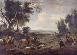 An Extensive Landscape With A Stag Hunt