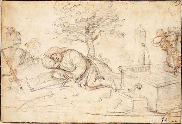 Two Peasants, One Resting By A Fountain While Another Drinks From A Flask - view 1