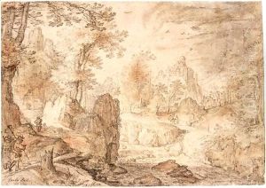 A Forested Mountain Landscape With Pilgrims On A Road To The Left And A Distant Hilltop Castle by Roelandt Jacobsz Savery