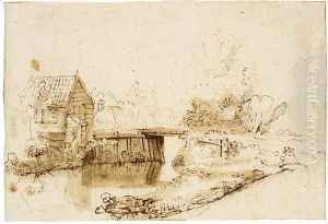 Landscape With A Draughtsman Seated By A River, A Bridge And A Cottage Behind by Nicolaes Maes