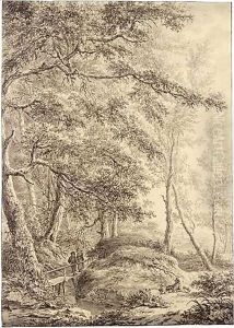 Peasants Crossing A Bridge At The Edge Of A Dense Wood, With Others Resting Nearby by Vincent Laurentsz. van der Vinne I