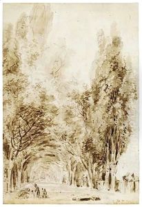 A Tree-Lined Avenue In A Park With A Family Playing In The Foreground by French Unknown Masters