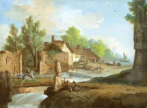 A River With Small Waterfalls Winding Through A Village Past A Ruined Wall