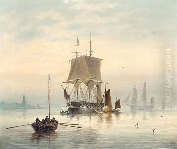 Estuary Scene With Man-O'-War At Anchor And Hay Barge - view 1
