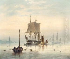 Estuary Scene With Man-O'-War At Anchor And Hay Barge by Capt. Charles A. Lodder