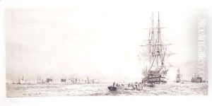 Three masted ship in mediterranean harbour by William Lionel Wyllie