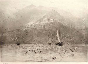 Seagulls over a bay with a temple on the headland