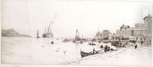 Fishing boats in a harbour by William Lionel Wyllie