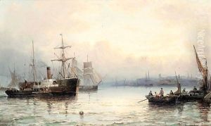 Harbour scene with steamboat