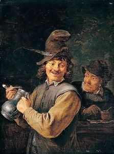 A Peasant holding a large stoneware flagon by David The Younger Teniers