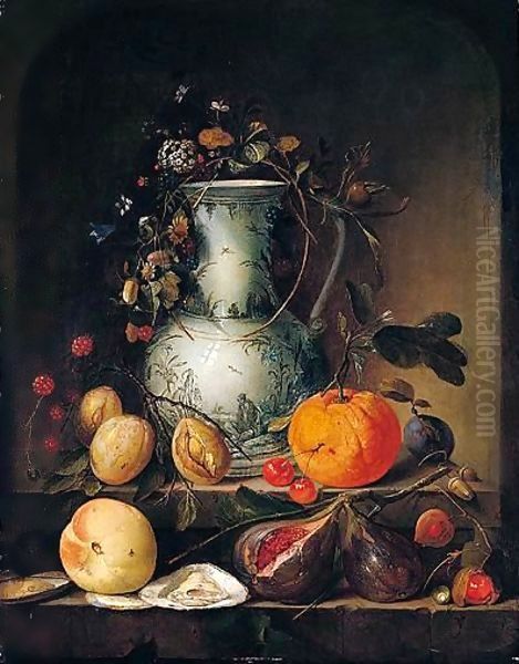 Still life of a blue and white porcelain vase, with garland of flowers - view 1