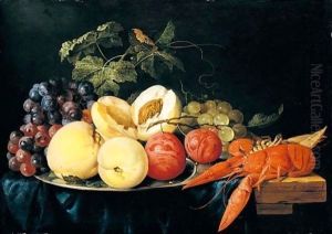 Still life of peaches, plums and black and green grapes on a silver plate