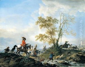 A landscape with a stag hunt in full cry, fording a stream by Philips Wouwerman
