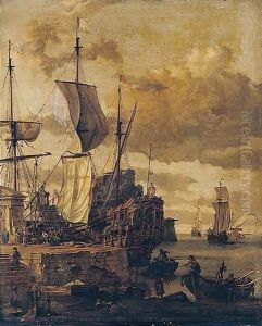 A mediterranean harbour scene by Abraham Storck