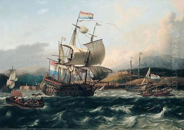 Dutch and english men of war with galley and other shipping off a Levantine coast - view 1