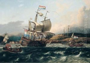 Dutch and english men of war with galley and other shipping off a Levantine coast by Ludolf Backhuysen
