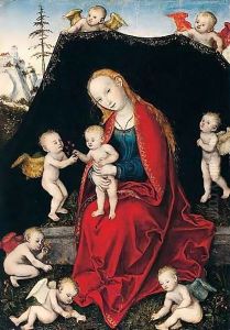 The virgin and child with seven angels by Lucas The Younger Cranach