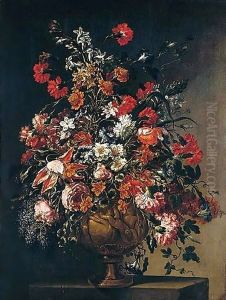 A still life of various flowers in an ormolu vase with putti by dei Fiori (Nuzzi) Mario