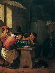 An interior with two men drinking and another playing a recorder by Johannes Natus