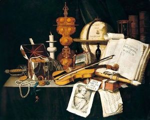 A vanitas still life of violin, recorder, music score, globe by Edwart Collier