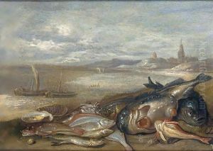 A still life of various fish and crustaceans on a bech by Jan van Kessel