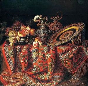 Still life of peaches, grapes and pomegranates in a pewter bowl by Jacques Hupin