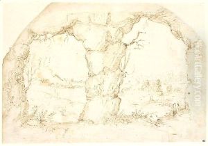 A river valley senn trough a double rock arch by Annibale Carracci