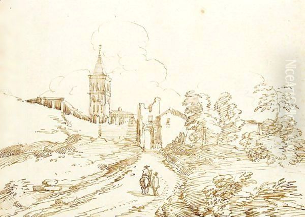Two figures on a path leading to walled town - view 1