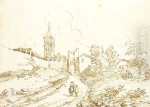 Two figures on a path leading to walled town