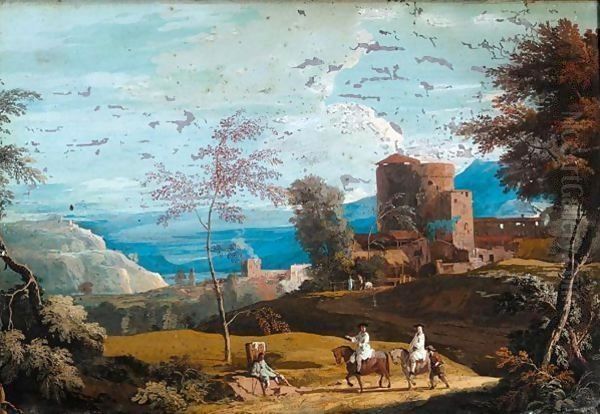 A landscape with travellers on a road - view 1