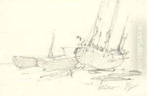 Fishing boats on the beach at etretat by Eugene Isabey