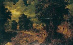 A Woodland Landscape With Figures And Waggons On The Outskirts Of A Village