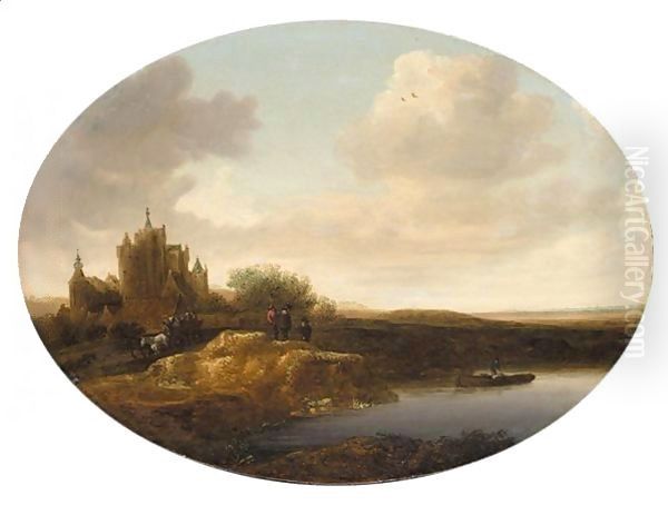 River Landscape With A Horse-Drawn Cart And Figures On A Bank, A Fisherman Nearby - view 1