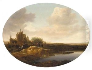 River Landscape With A Horse-Drawn Cart And Figures On A Bank, A Fisherman Nearby by Jan Coelenbier