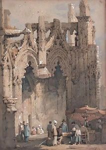 Figures By A Medieval Church by Samuel Prout