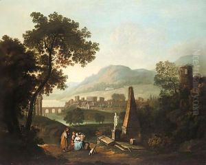 A Classical Landscape With A Family In The Foreground And An Obelisk And Ruins To The Right