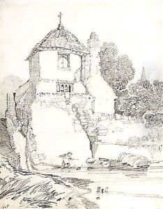 A Child Playing In A River Below A Cottage, Guildford, Surrey by John Sell Cotman