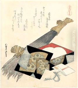 Surimono Anba Umafubuki. Cheval D'Arcons Et Bardane by Katsushika Hokusai