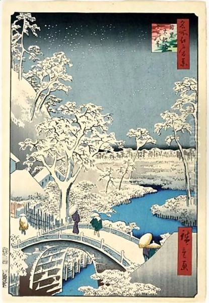 Meguro Taiko Bashi Yuhi Ga Oka. Le Pont De Taiko Sous La Neige, Colline Au Crepuscule - view 1