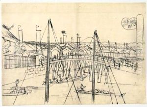 Nigatsu, Inaribashi Minato No Jinja. Le Pont Inari Et Le Temple Minato. Fevrier Dessin Preparatoire