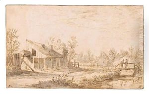 Hamlet Near A Stream With Two Figures On A Bridge by Jan van Goyen