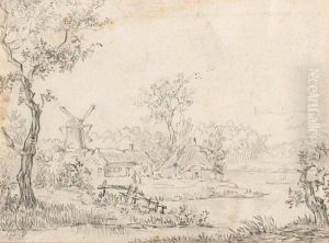 Cottages And A Windmill By A River by Jacob Van Ruisdael
