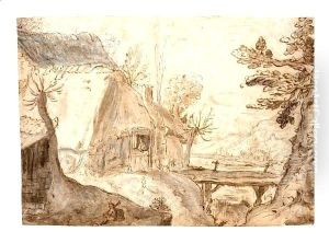 A Rugged River Landscape, With A Thatched House By A Bridge by Gillis van Coninxloo