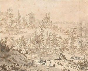Italianate Landscape With A Group Of Revellers In A Clearing And Travellers On A Road by Frederick De Moucheron