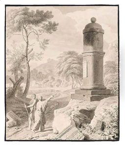 Arcadian Landscape With Two Figures On A Road By A Monument by Johannes (Polidoro) Glauber