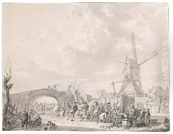 Winter Landscape With Skaters And Sledges On The Ice, A Bridge And A Mill Behind - view 1