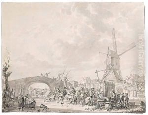 Winter Landscape With Skaters And Sledges On The Ice, A Bridge And A Mill Behind