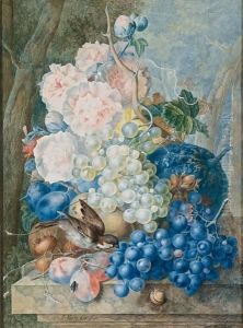 Still Life Of Fruit And Flowers With A Sparrow