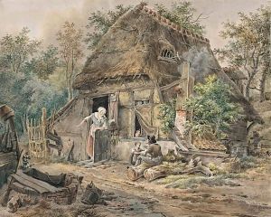 A Peasant Family At Their Farm Amongst Woods by Pieter Bartholomeusz. Barbiers IV